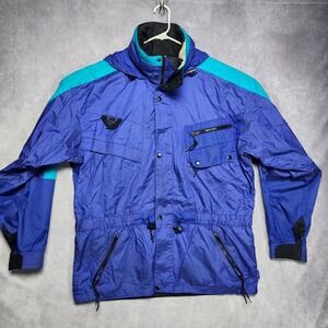 Mountain Goat Vintage Mens L‎ Jacket Blue Teal Color Block Hooded Windbreaker